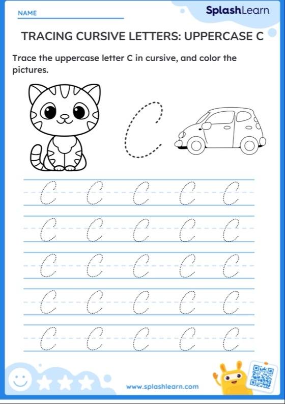 Third grade cursive C practice worksheet for handwriting improvement
