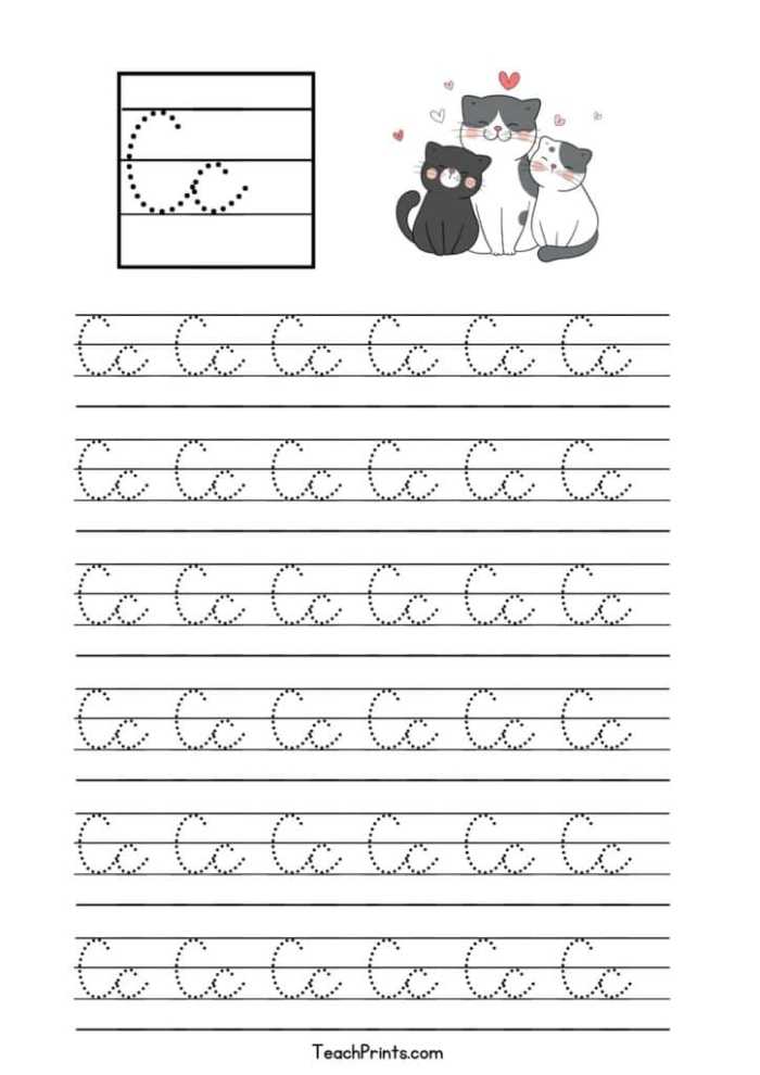 Third grade student practicing letter strokes on a printable cursive C worksheet 23
