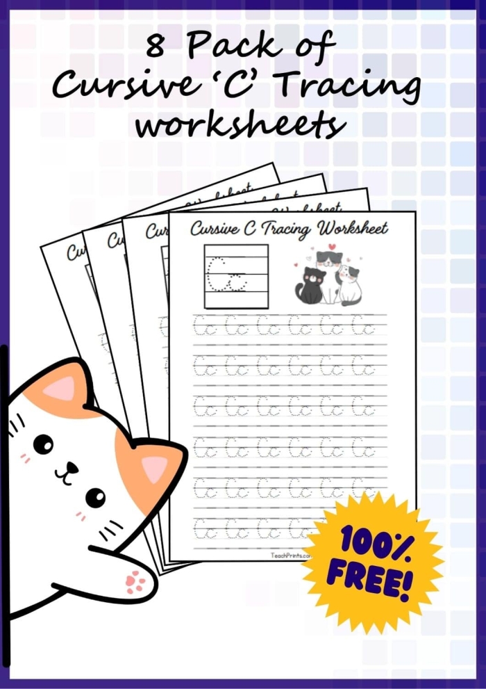 Third grade cursive C practice worksheet with letter tracing exercises and fractions activities