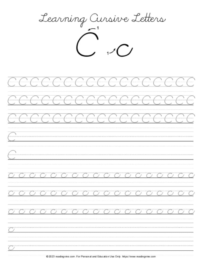Third grade cursive C practice worksheet with tracing lines and letter formation exercises for penmanship skill development