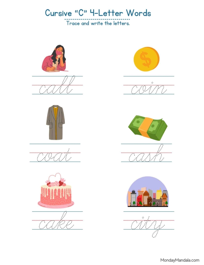 Third grade student practicing cursive C letter formation on a fractions worksheet with guided tracing lines