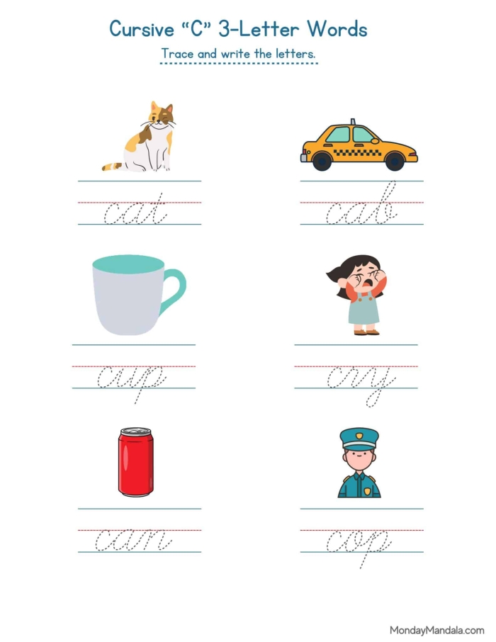 Third grade cursive C practice worksheet with tracing exercises and writing prompts for penmanship development