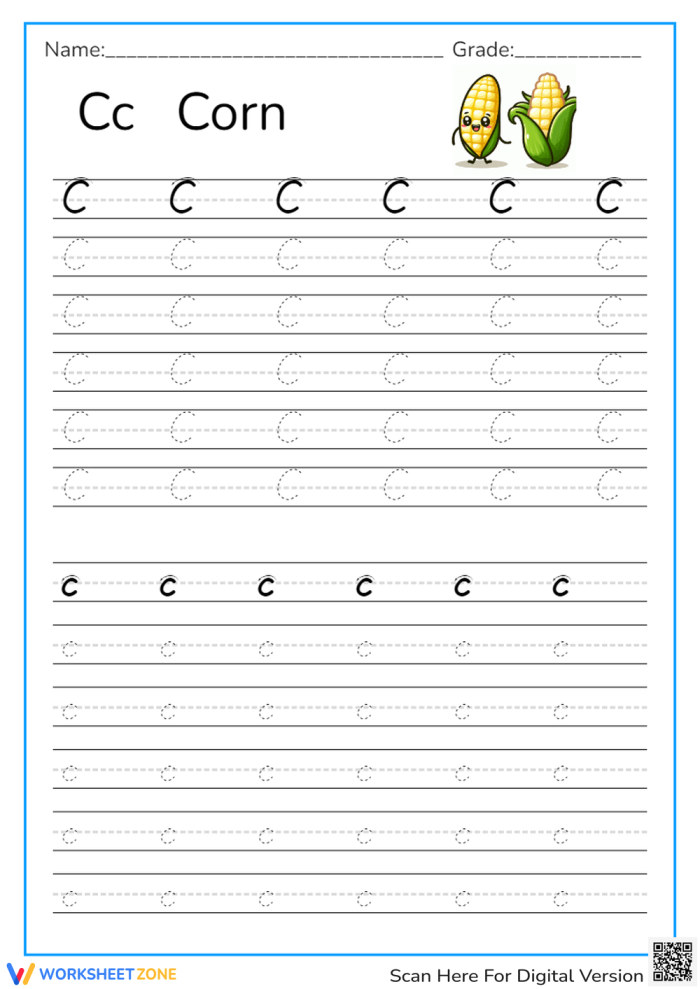 Third grade cursive C practice worksheet with tracing lines and letter formation exercises for penmanship skill development