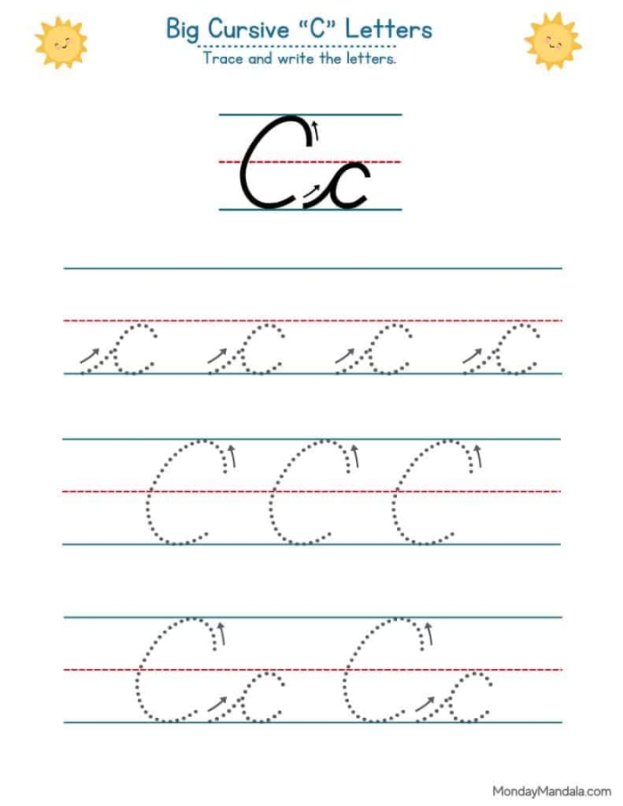 Third grade student practicing the letter C with a printable cursive handwriting exercise page