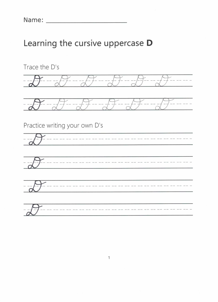 Cursive D practice worksheet for third graders focusing on legible handwriting skills