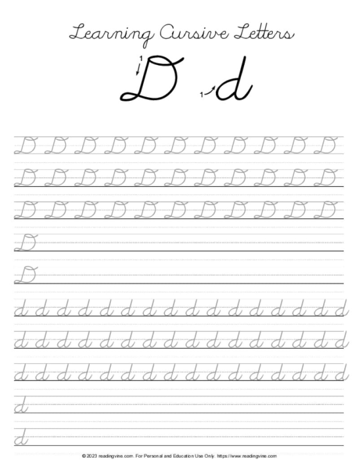 Cursive D practice worksheet for third graders focusing on improving handwriting skills