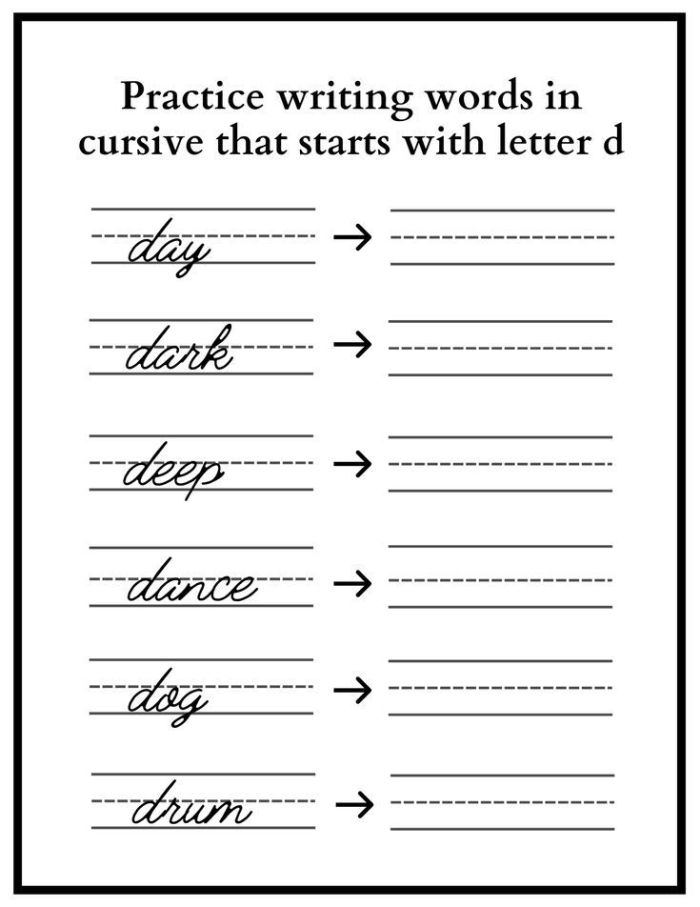 Cursive D practice worksheet for third graders focusing on letter formation