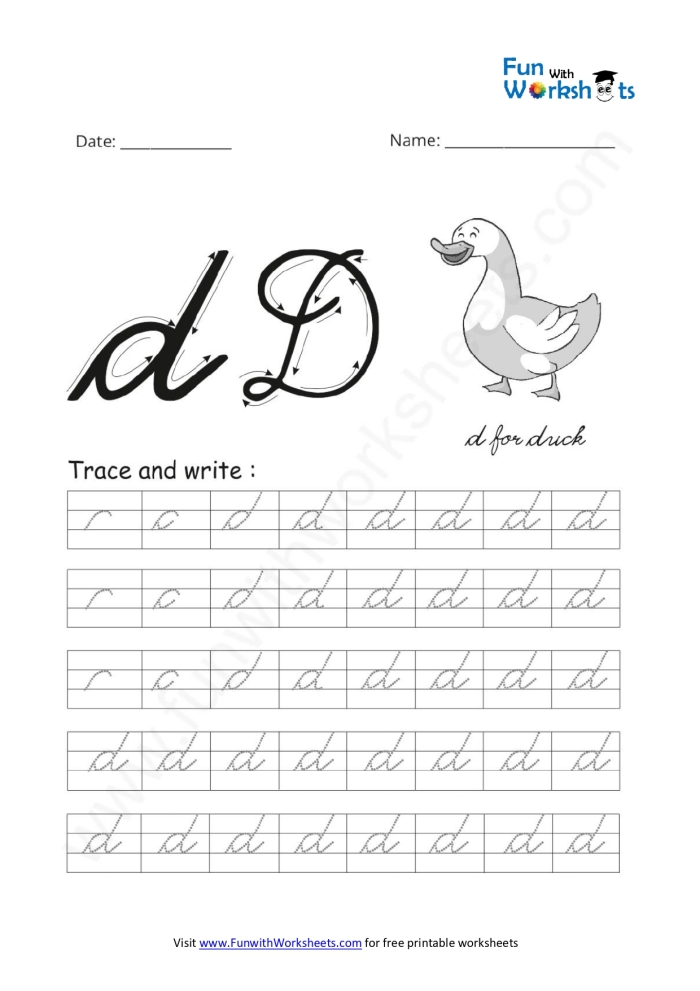 Cursive D worksheet designed for third graders to practice writing a perfect cursive D Image showing a cursive D worksheet for students to learn and improve their cursive writing skills