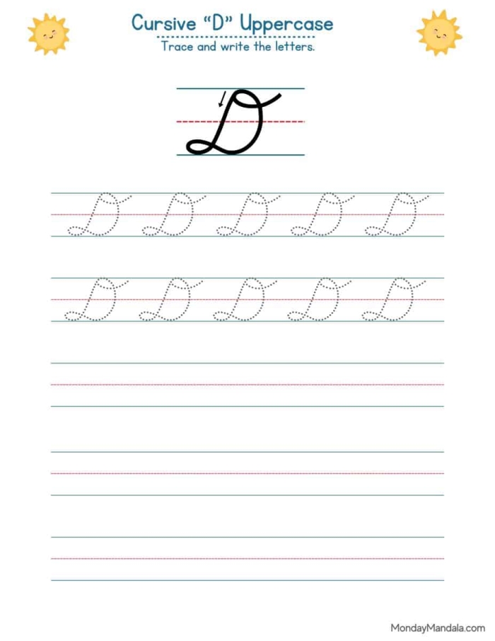 Cursive D worksheet designed for third graders to practice writing a perfect cursive D