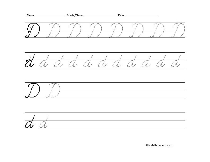 Cursive D worksheet for practicing the formation of a perfect cursive D in third grade