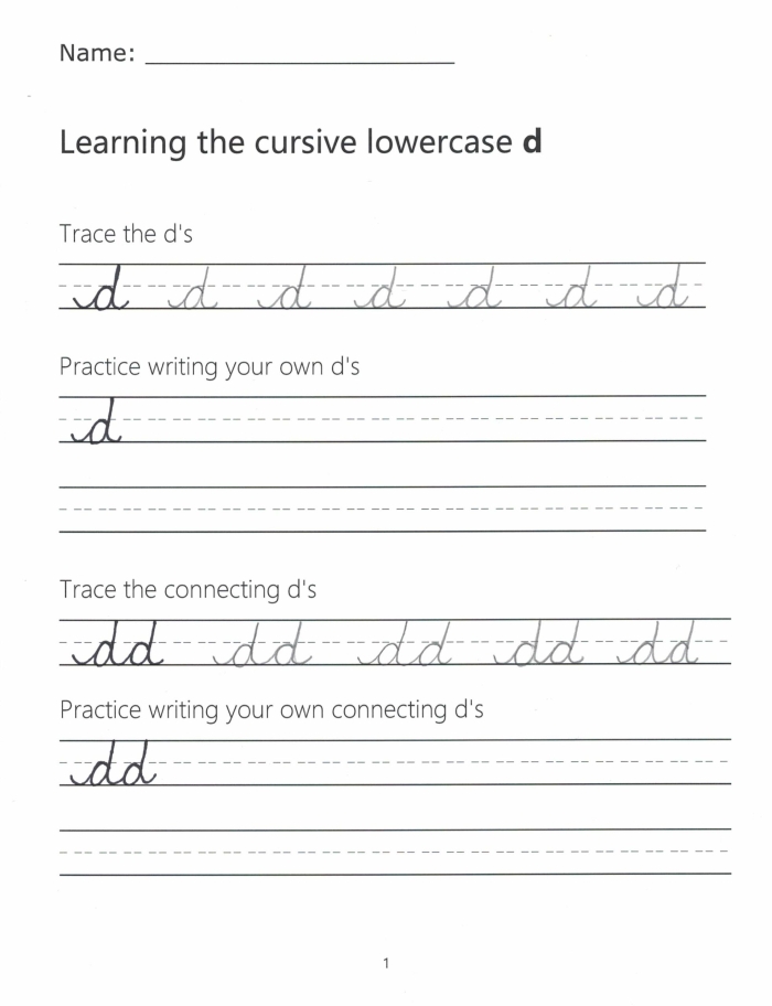 Cursive D worksheet designed for third graders to practice writing a perfect cursive D