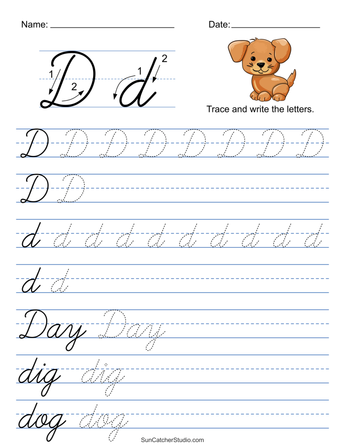 Cursive D worksheet designed for third graders to practice writing a perfect cursive D. Improve your cursive writing skills with this engaging worksheet for mastering the cursive D.