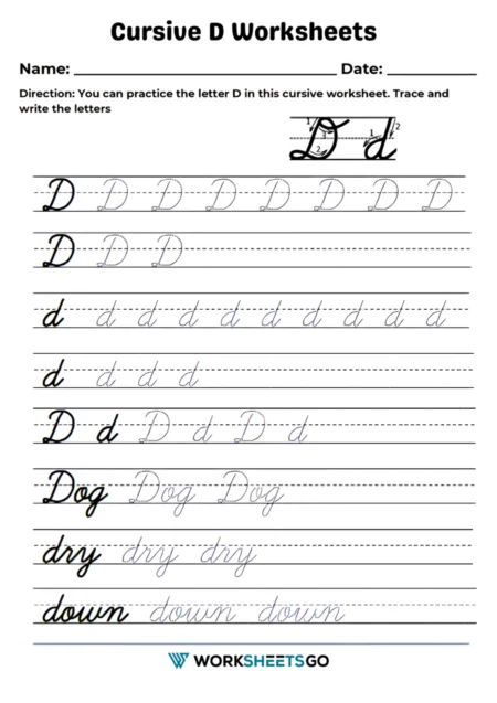 Cursive D worksheet designed for third graders to practice writing a perfect cursive D