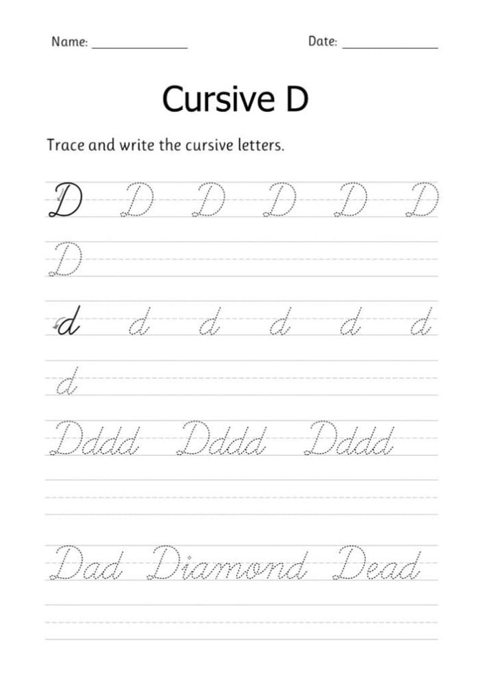 Cursive D worksheet designed for third graders to practice writing the letter D in cursive