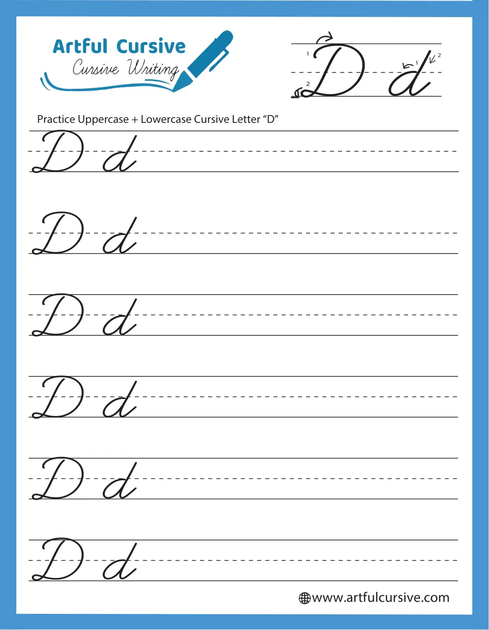 Cursive D worksheet for third graders focusing on perfecting the letter D in cursive writing