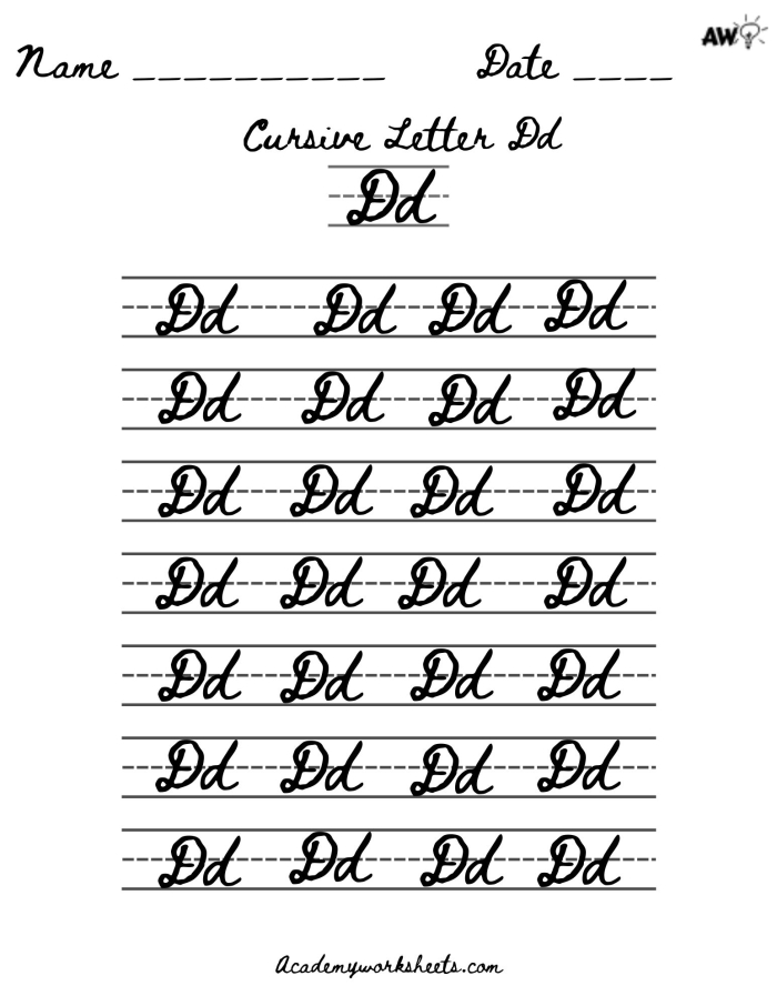 Cursive D worksheet for third graders to practice writing a perfect cursive D