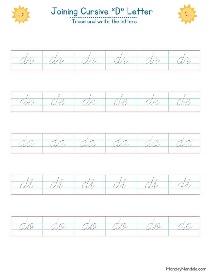 Cursive D worksheet for practicing the formation of the letter D in cursive writing