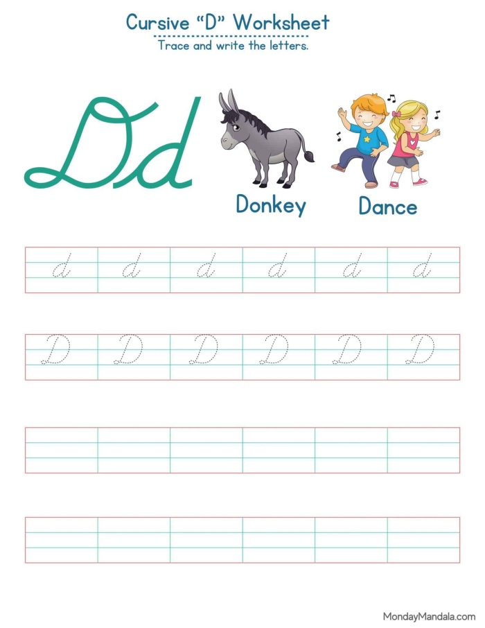 Cursive D practice worksheet designed for third graders to master their cursive writing skills