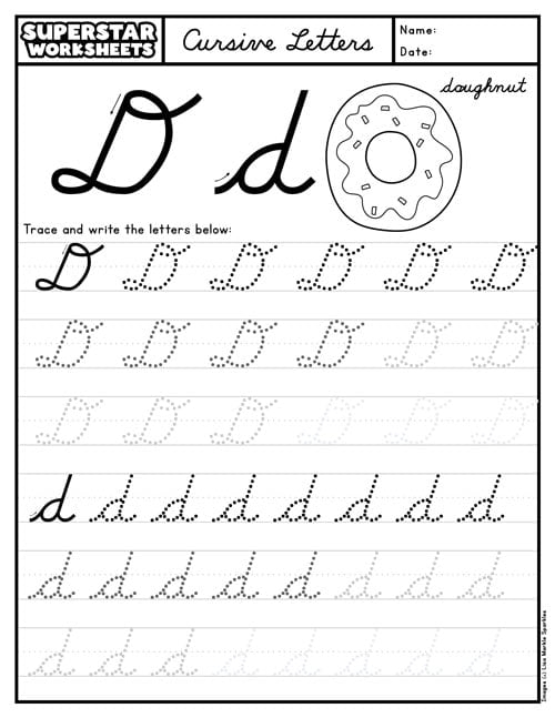 cursive D worksheet for third graders to practice writing a perfect cursive D