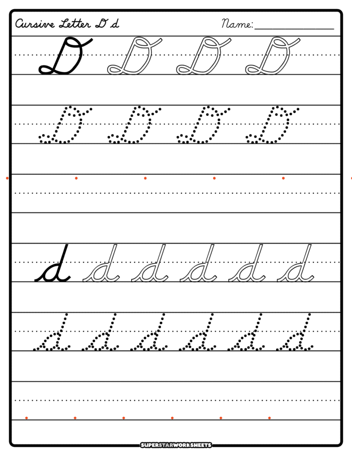 Cursive D worksheet for third graders focusing on perfecting the cursive letter D