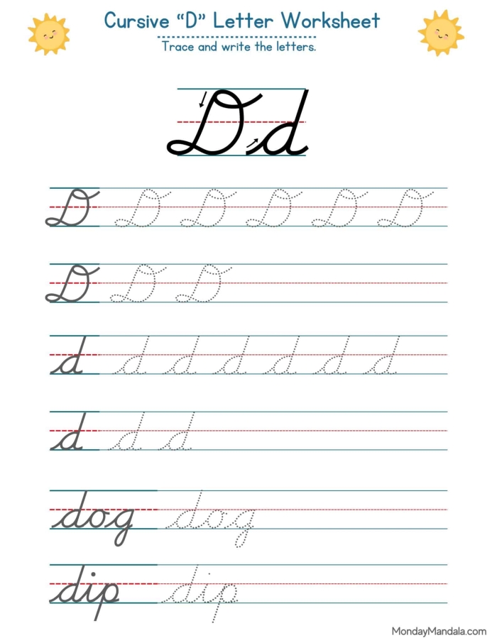 Cursive D worksheet for third graders focusing on mastering the letter D in cursive writing