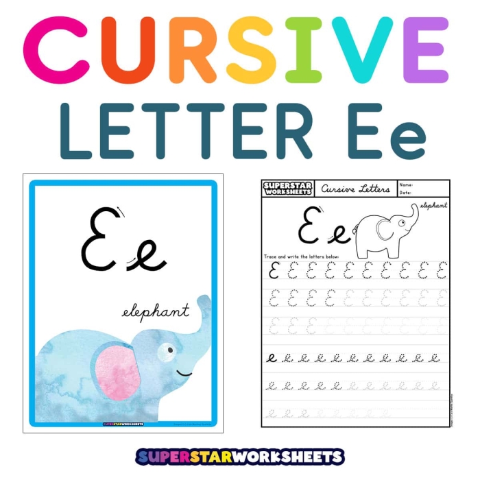 Cursive E practice worksheet designed for enhancing cursive writing abilities Cursive E worksheet for third graders to practice their handwriting skills