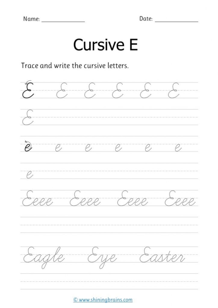 Worksheet featuring the letter E in cursive for practicing handwriting techniques Cursive E worksheet designed for third graders to enhance their cursive writing skills