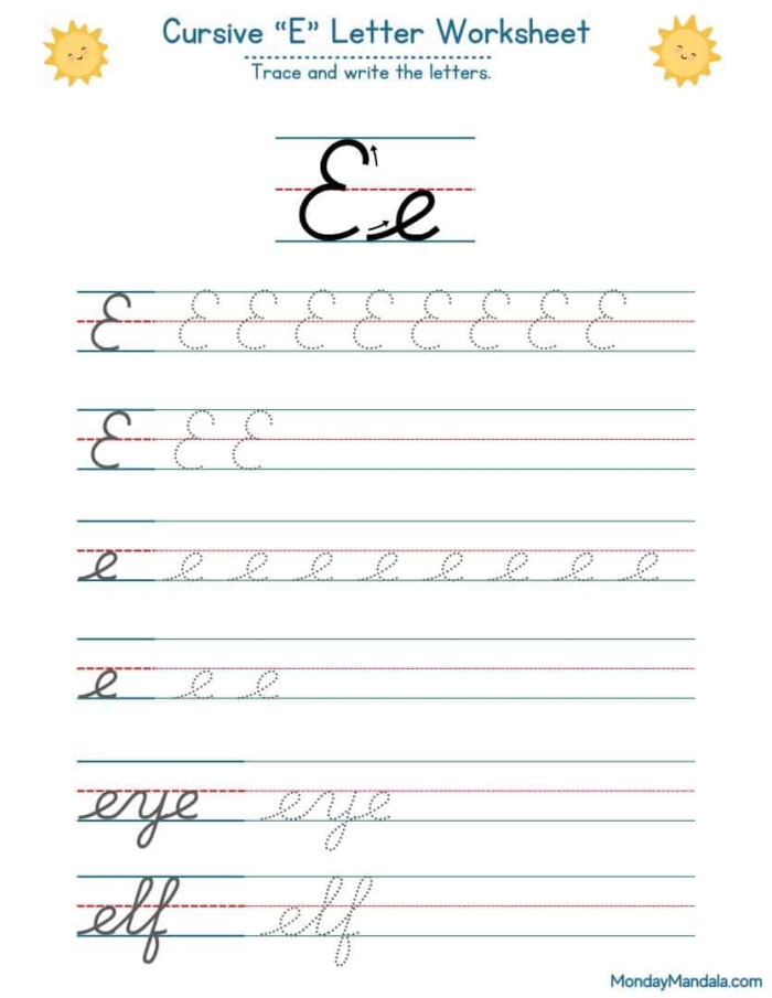 Cursive E practice sheet for enhancing handwriting in third grade life science lessons Cursive E worksheet designed for third graders to practice cursive writing skills