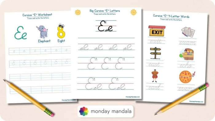 Practice your cursive E with this engaging worksheet for young learners Cursive E worksheet designed for third graders to enhance cursive writing skills