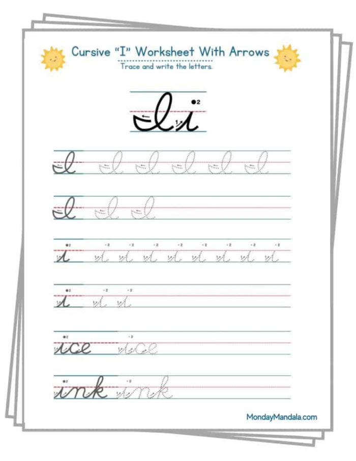 Cursive I handwriting practice sheet for third grade students number 23 Third grade student practicing cursive letter I strokes on a printable phonics worksheet