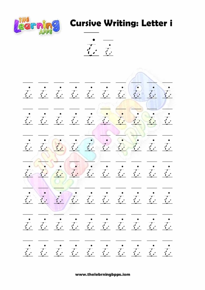 Cursive I handwriting worksheet for third grade students 18 Third grade student practice page for tracing and writing the cursive letter I