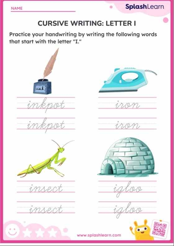 Cursive I Worksheet 24 for Elementary Phonics Instruction Third grade cursive I writing practice worksheet with traced letter examples and blank lines for handwriting practice