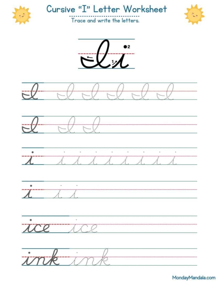 Cursive I Practice Worksheet for Elementary Phonics Instruction Third grade student practicing cursive I letter formation with guided tracing lines and writing exercises