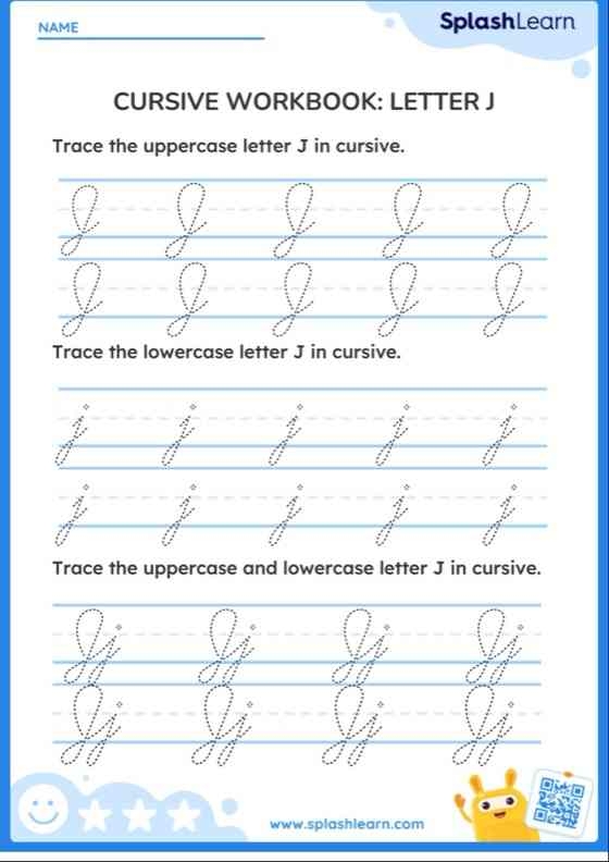 Worksheet image demonstrating cursive J practice for young learners Cursive J worksheet for third graders to practice tracing and writing the letter J in cursive