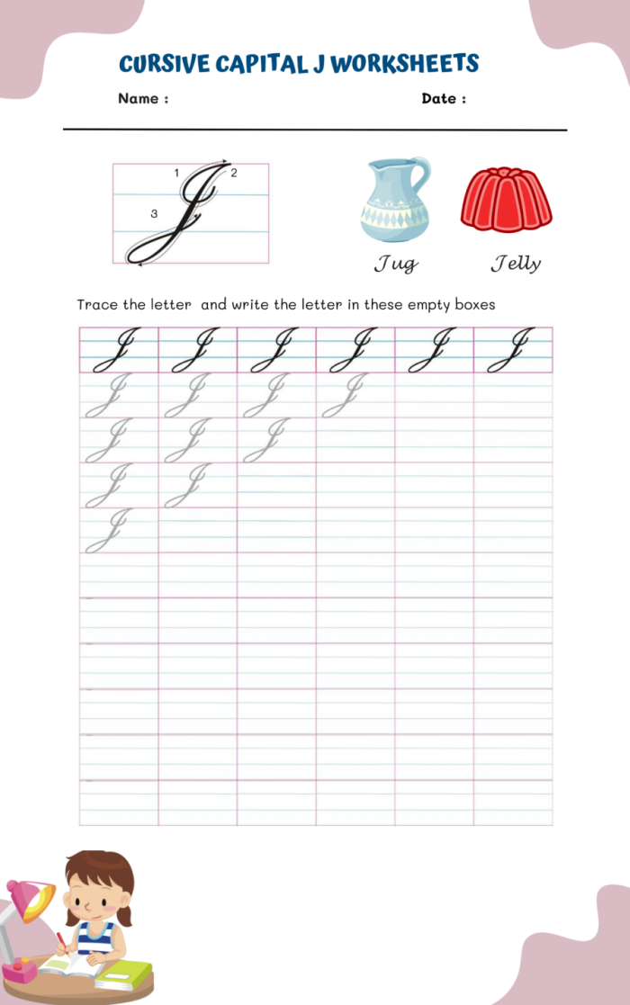 Engaging cursive J practice sheet designed for young learners Cursive J worksheet for third graders to trace and practice writing in cursive