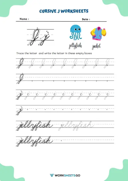 Cursive J tracing and practice worksheet for developing handwriting skills Cursive J worksheet for third graders to practice tracing and writing the letter J in cursive