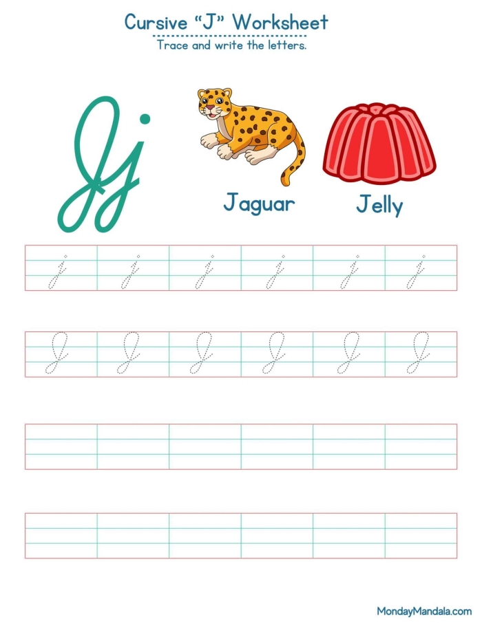 Fun cursive J tracing practice for young writers in grade three Cursive J worksheet for third graders to practice tracing and writing in cursive
