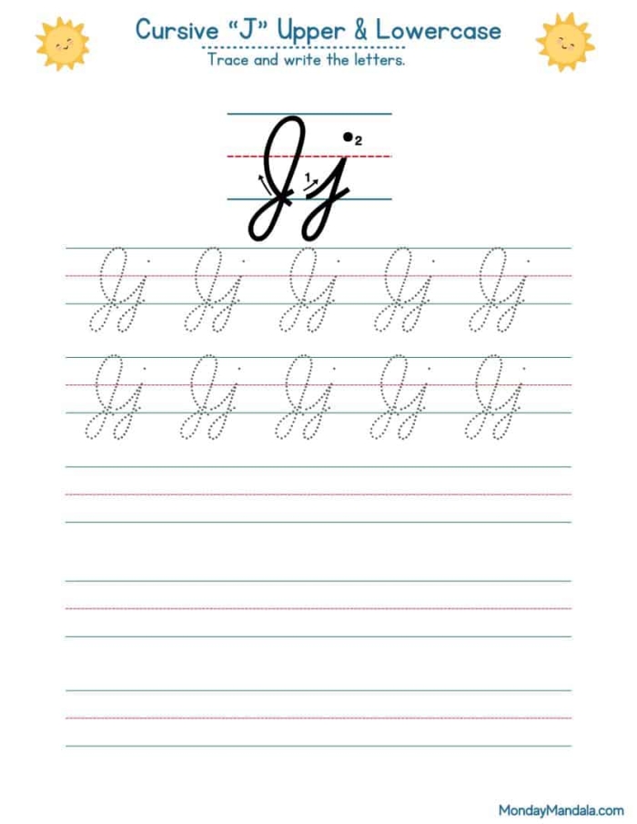 Engaging cursive J worksheet to help students master their writing skills Cursive J worksheet for third graders featuring tracing and practice exercises