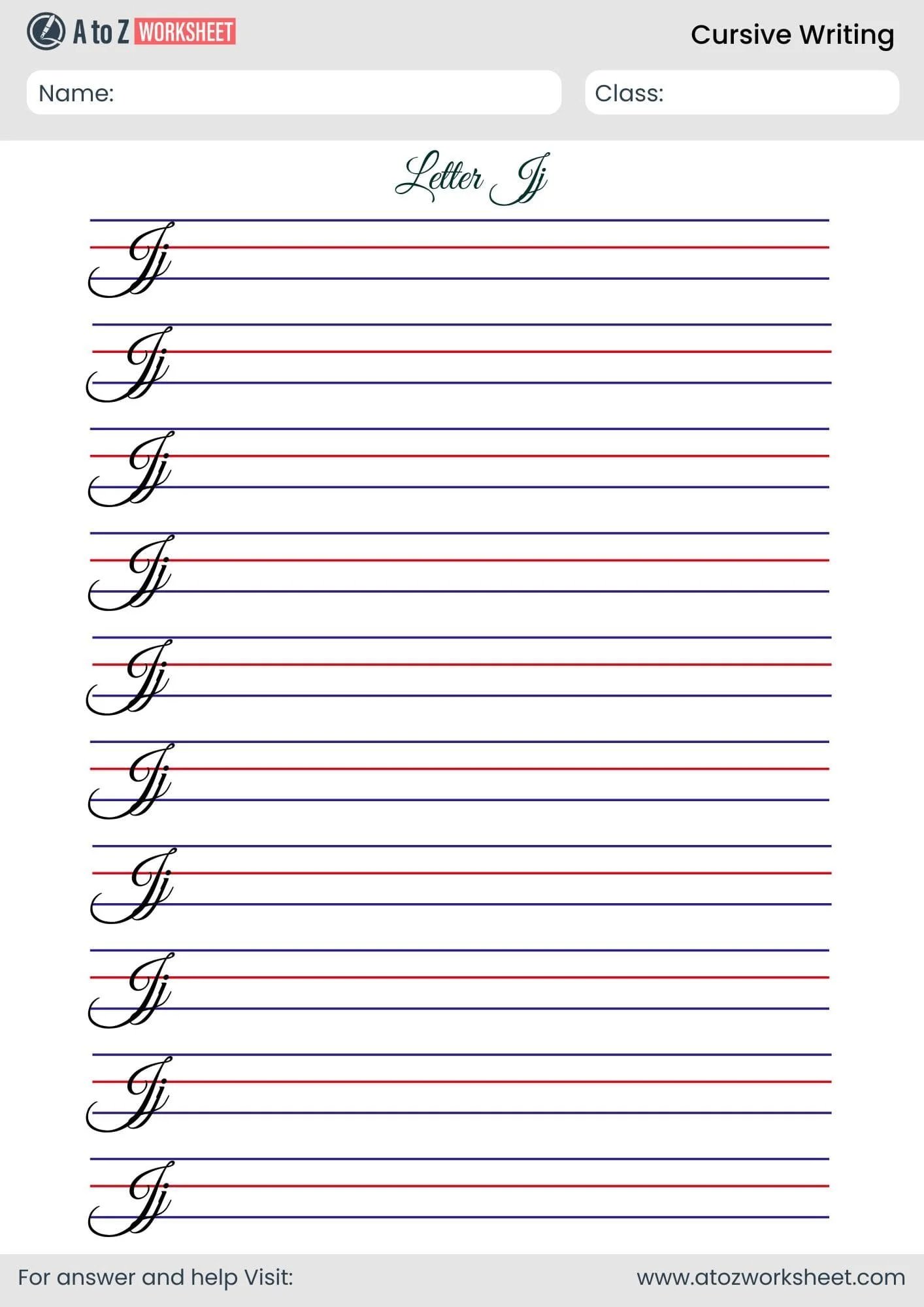 Cursive J practice worksheet designed to help students master their handwriting skills Cursive J worksheet for third graders to practice tracing and writing the letter J in cursive