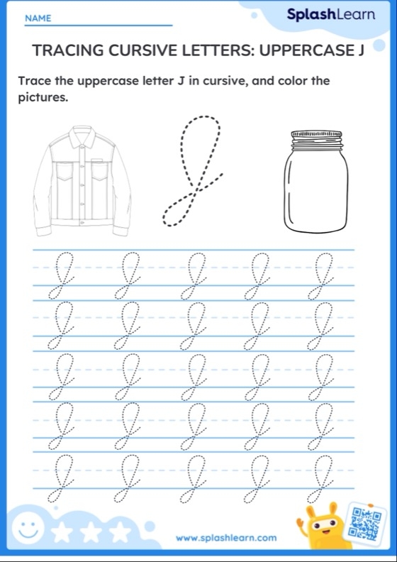 Worksheet for mastering cursive J through tracing and writing exercises for third grade students Cursive J worksheet designed for third graders to practice tracing and writing the letter J in cursive