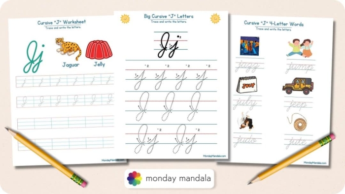 Cursive J practice sheet to enhance handwriting skills in third grade Cursive J worksheet for third graders to practice tracing and writing