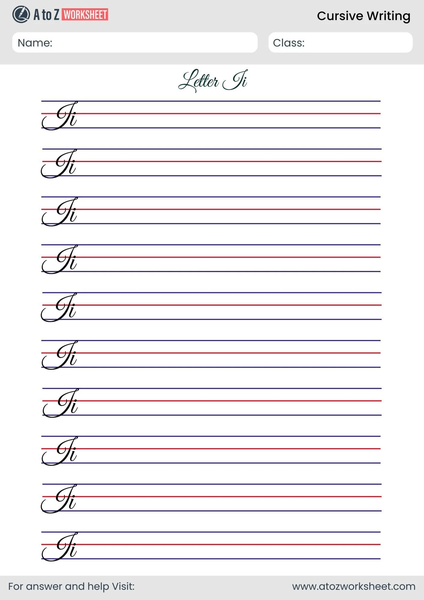 Cursive I handwriting practice worksheet for elementary phonics instruction Third grade student practicing cursive letter I with guided writing lines and loop formation exercises