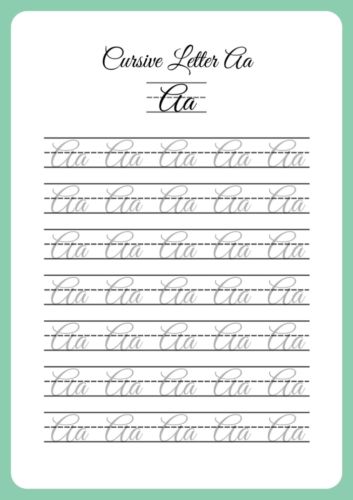 First grade student practicing cursive handwriting of their first and last name on a worksheet 21