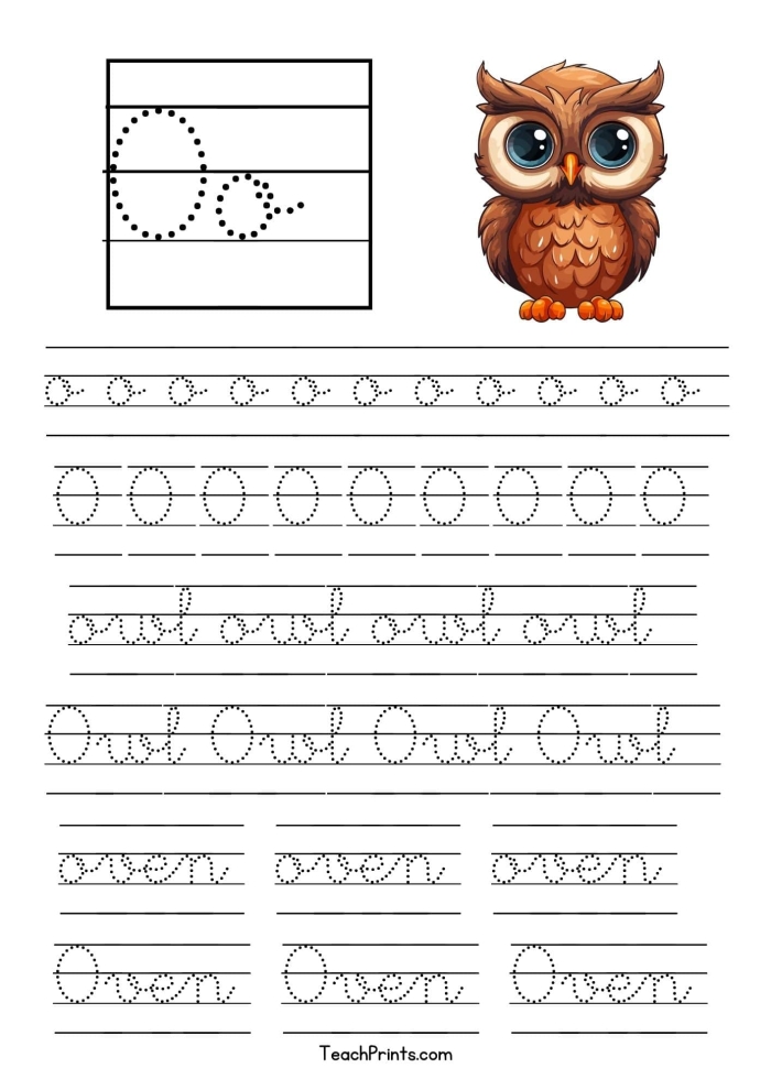 Grammar and Mechanics worksheet for Third Grade Cursive O worksheet featuring Oliver and his orange objects to aid third graders in practicing cursive writing. Cursive O practice worksheet for third grade students with engaging characters.
