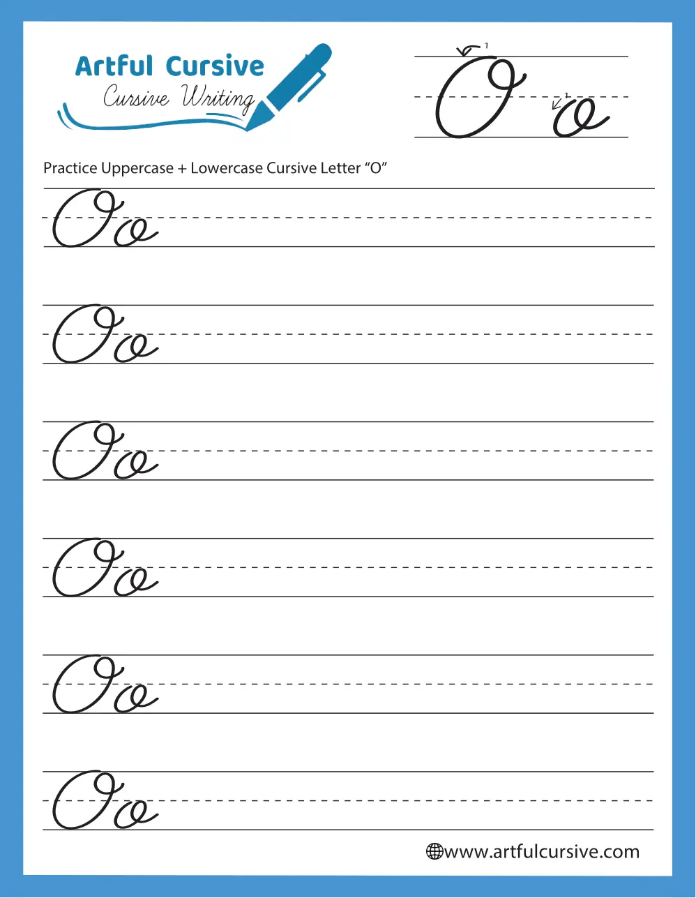 Practice writing capital and lowercase cursive O with this engaging worksheet Cursive O worksheet featuring Oliver and his orange objects for practicing cursive writing