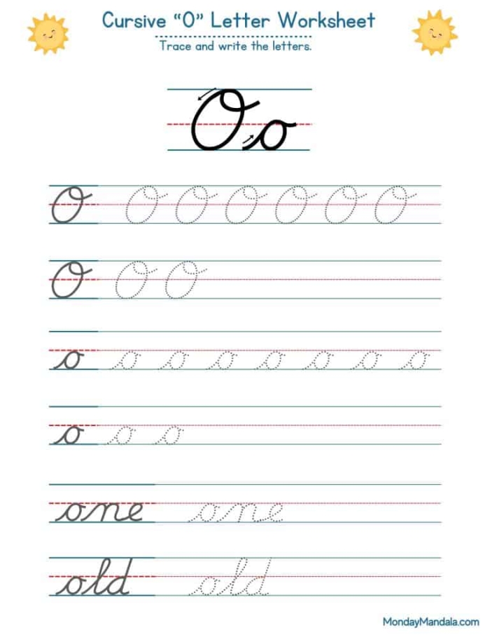 Engaging cursive O practice worksheet for third graders with fun illustrations Cursive O worksheet featuring Oliver and his orange objects for practicing writing capital and lowercase O