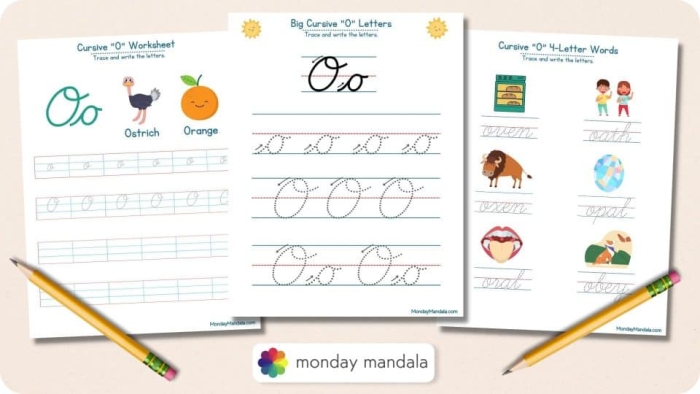 Practice your cursive O with this fun worksheet for third graders Cursive O worksheet featuring Oliver with orange objects for practicing letters