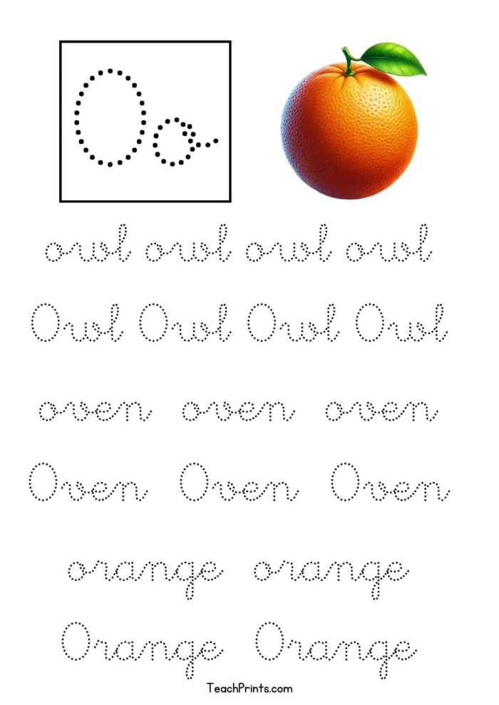 Practice writing capital and lowercase cursive O with this engaging worksheet for third graders Cursive O worksheet featuring Oliver and his orange objects for practicing cursive writing
