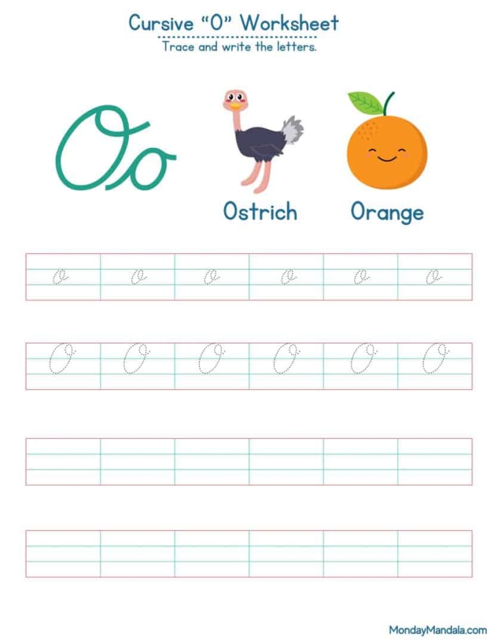 Cursive O practice worksheet for third graders with engaging visuals cursive O worksheet featuring Oliver and his orange objects for practicing capital and lowercase O