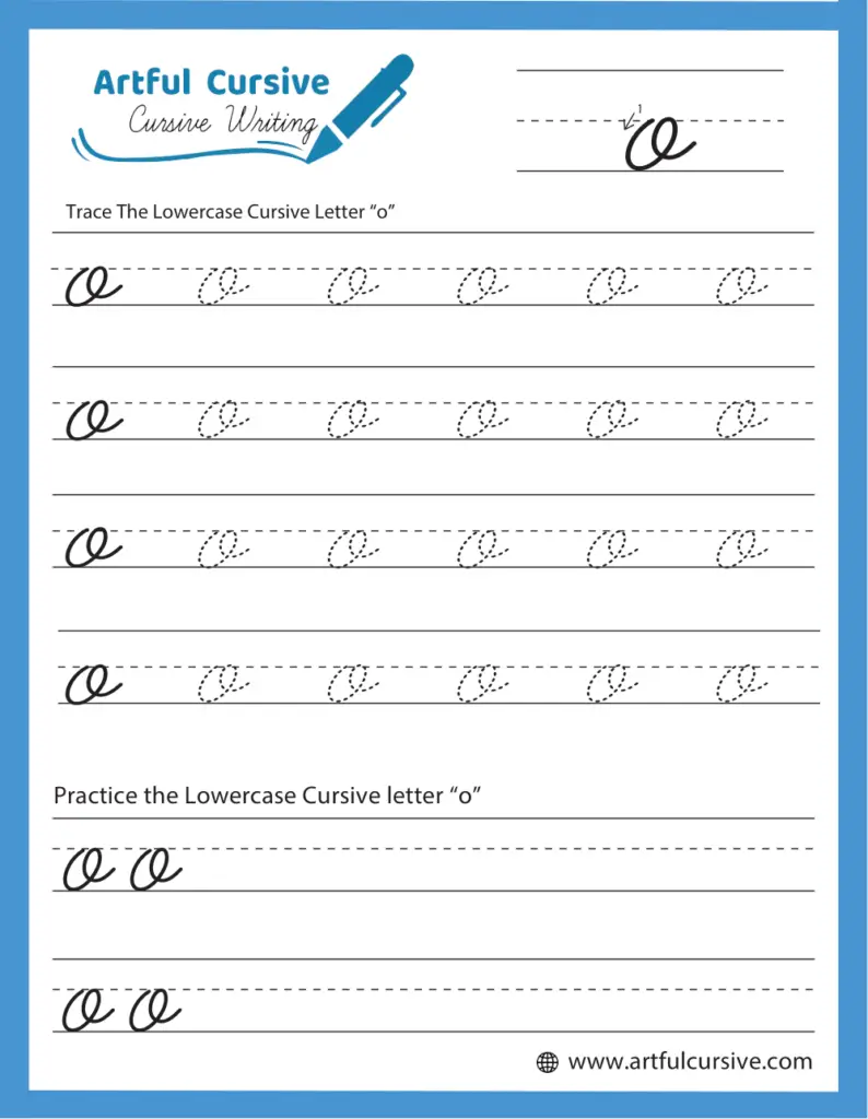 Cursive O worksheet for third graders featuring fun objects and characters Worksheet for practicing cursive O with Oliver and his orange items